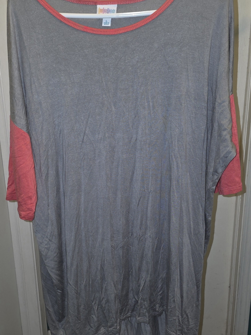 LuLaRoe Gray Tunic with Coral Trim and Sleeve Panels